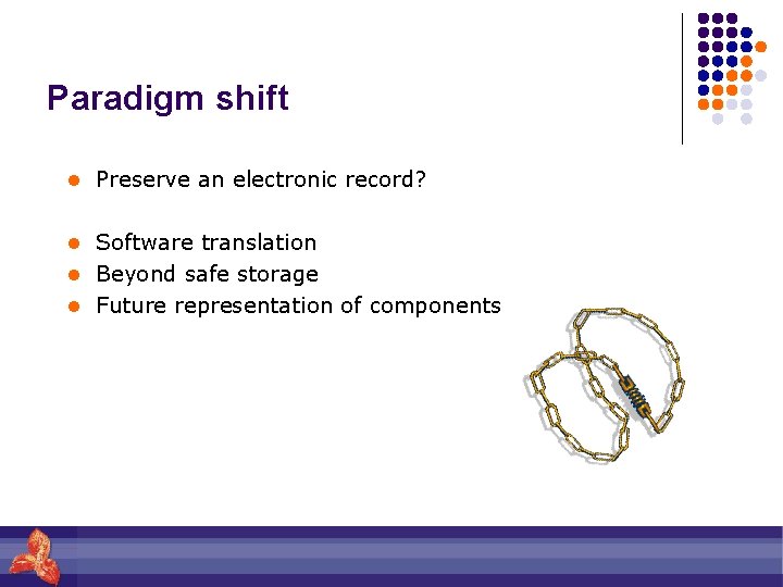 Paradigm shift l Preserve an electronic record? l Software translation l Beyond safe storage