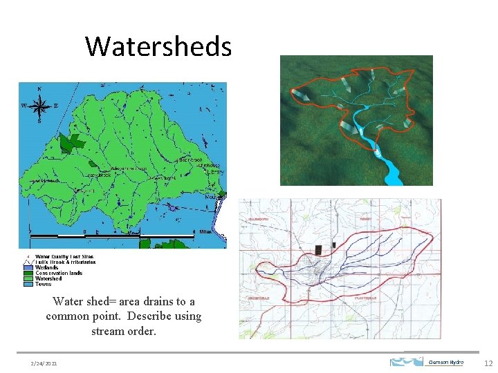 Watersheds Water shed= area drains to a common point. Describe using stream order. 2/24/2021