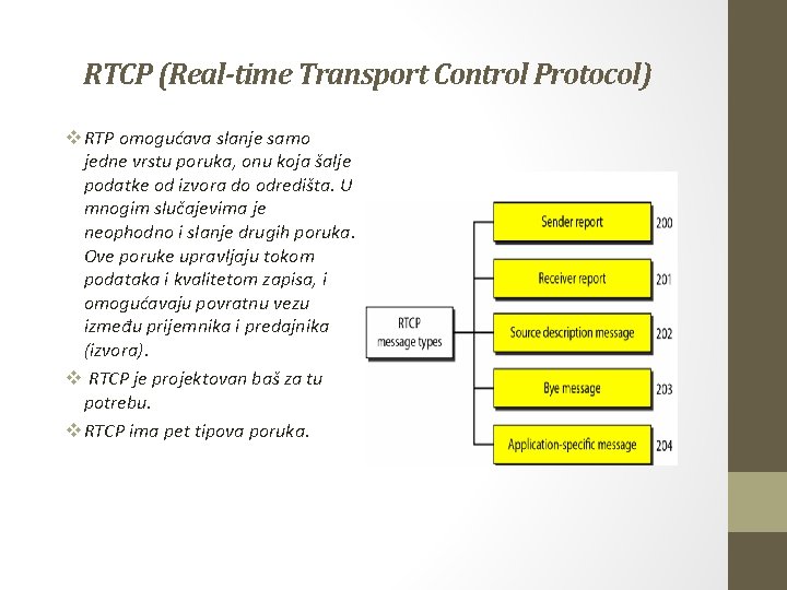 RTCP (Real-time Transport Control Protocol) v RTP omogućava slanje samo jedne vrstu poruka, onu