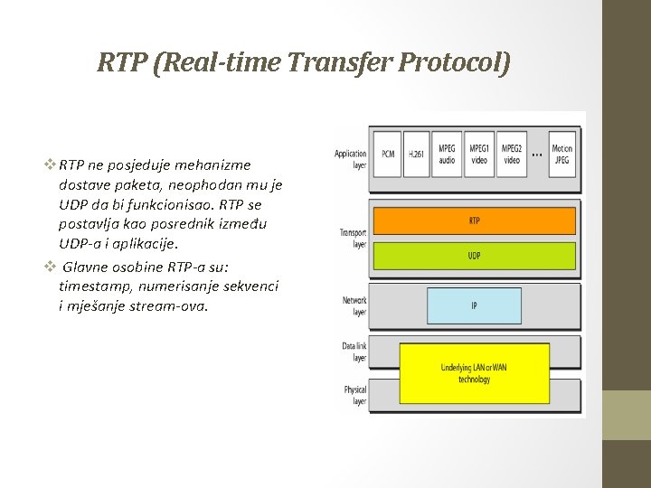 RTP (Real-time Transfer Protocol) v RTP ne posjeduje mehanizme dostave paketa, neophodan mu je