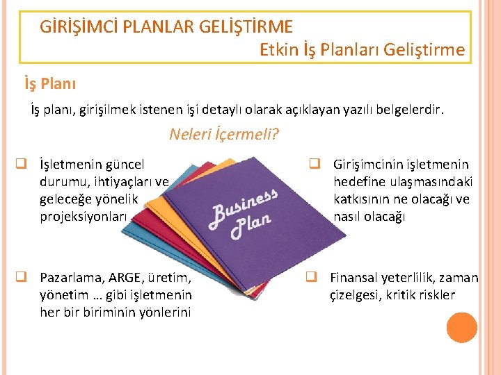 GİRİŞİMCİ PLANLAR GELİŞTİRME Etkin İş Planları Geliştirme İş Planı İş planı, girişilmek istenen işi