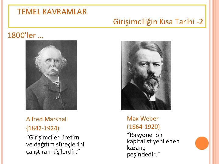 TEMEL KAVRAMLAR Girişimciliğin Kısa Tarihi -2 1800’ler … Alfred Marshall (1842 -1924) “Girişimciler üretim