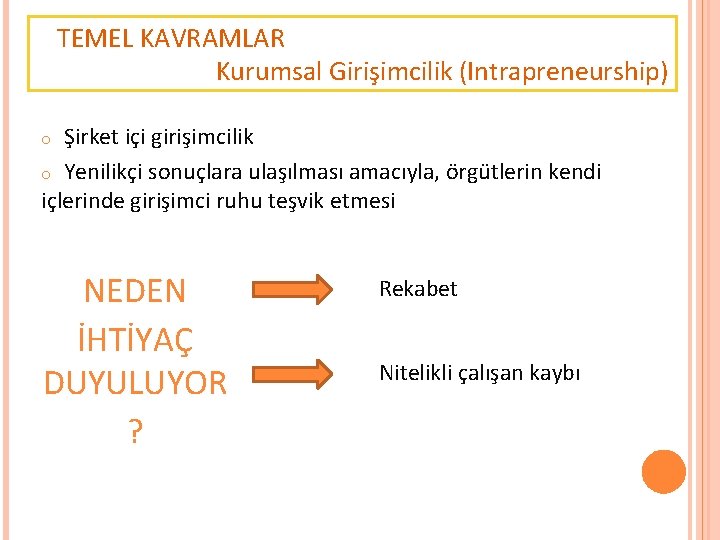 TEMEL KAVRAMLAR Kurumsal Girişimcilik (Intrapreneurship) Şirket içi girişimcilik o Yenilikçi sonuçlara ulaşılması amacıyla, örgütlerin