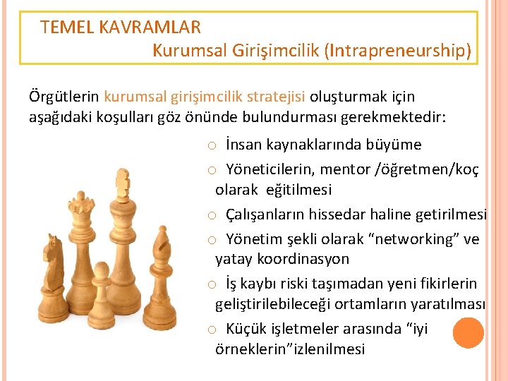 TEMEL KAVRAMLAR Kurumsal Girişimcilik (Intrapreneurship) Örgütlerin kurumsal girişimcilik stratejisi oluşturmak için aşağıdaki koşulları göz