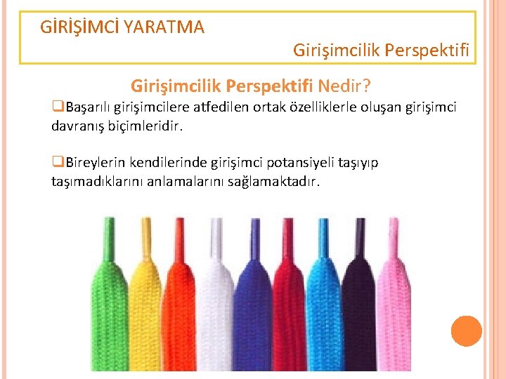 GİRİŞİMCİ YARATMA Girişimcilik Perspektifi Nedir? q. Başarılı girişimcilere atfedilen ortak özelliklerle oluşan girişimci davranış