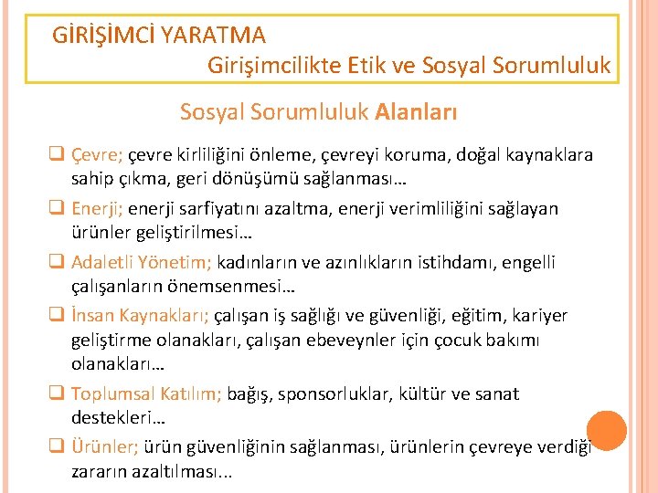 GİRİŞİMCİ YARATMA Girişimcilikte Etik ve Sosyal Sorumluluk Alanları q Çevre; çevre kirliliğini önleme, çevreyi