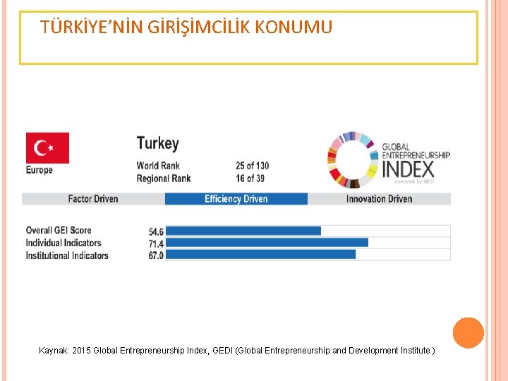 TÜRKİYE’NİN GİRİŞİMCİLİK KONUMU Kaynak: 2015 Global Entrepreneurship Index, GEDI (Global Entrepreneurship and Development Institute