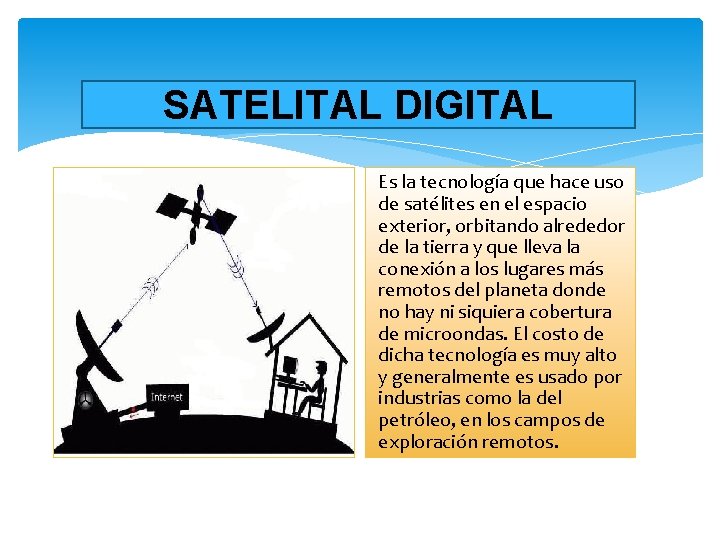 SATELITAL DIGITAL Es la tecnología que hace uso de satélites en el espacio exterior,