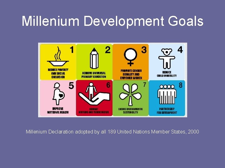 Millenium Development Goals Millenium Declaration adopted by all 189 United Nations Member States, 2000