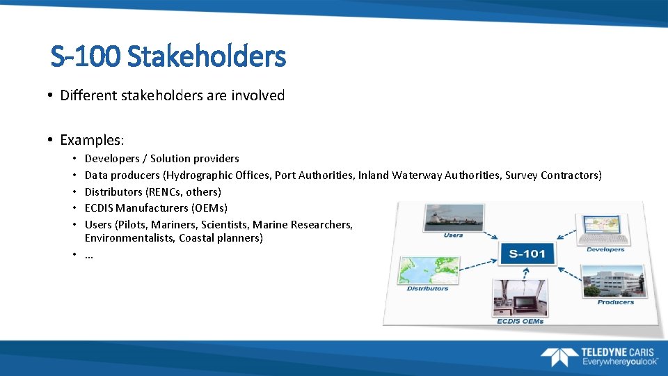 S-100 Stakeholders • Different stakeholders are involved • Examples: Developers / Solution providers Data