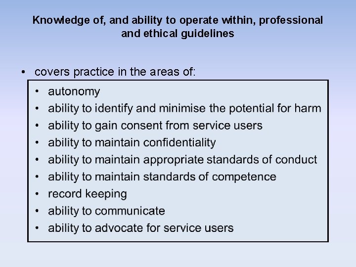 Knowledge of, and ability to operate within, professional and ethical guidelines • covers practice Knowledge of, and ability to operate within, professional and ethical guidelines • covers practice