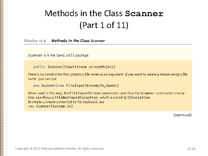 Methods in the Class Scanner (Part 1 of 11) Copyright © 2012 Pearson Addison-Wesley.