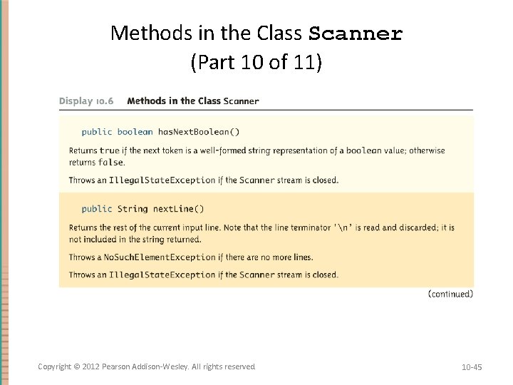 Methods in the Class Scanner (Part 10 of 11) Copyright © 2012 Pearson Addison-Wesley.