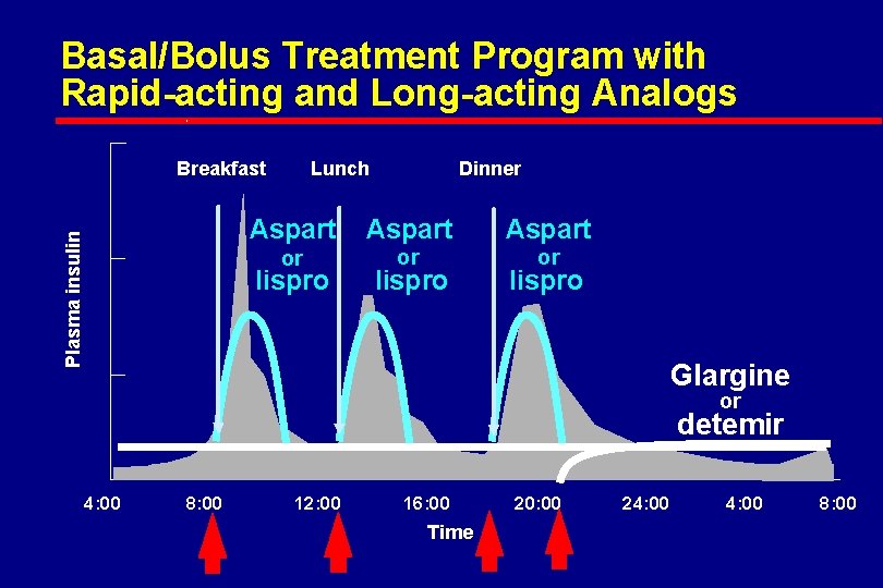 Basal/Bolus Treatment Program with Rapid-acting and Long-acting Analogs Plasma insulin Breakfast Lunch Dinner Aspart