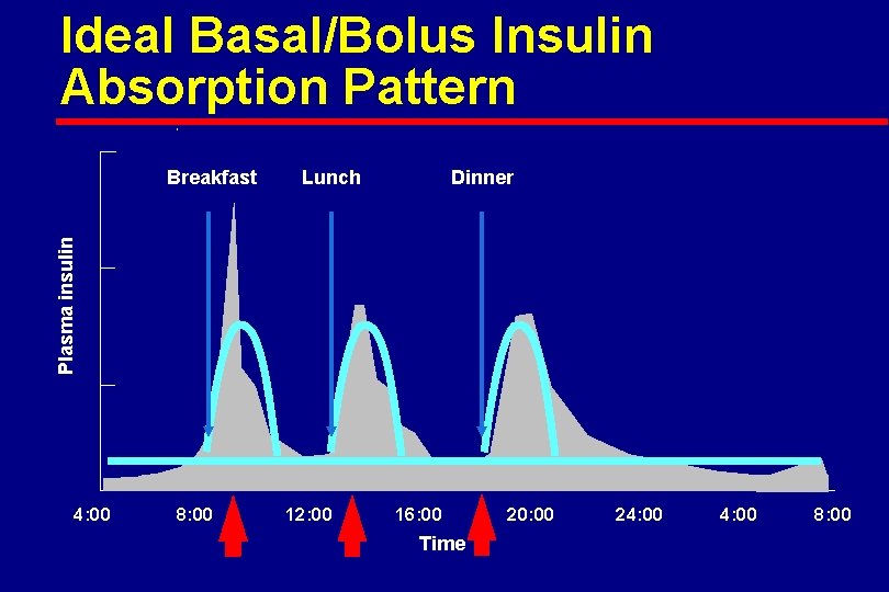 Ideal Basal/Bolus Insulin Absorption Pattern Lunch Dinner Plasma insulin Breakfast 4: 00 8: 00