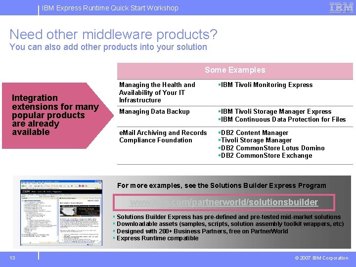 IBM Express Runtime Quick Start Workshop Need other middleware products? You can also add