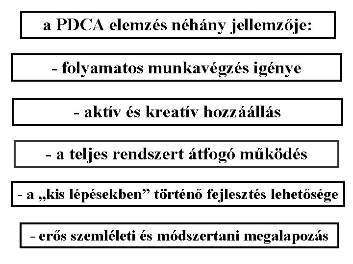 a PDCA elemzés néhány jellemzője: - folyamatos munkavégzés igénye - aktív és kreatív hozzáállás