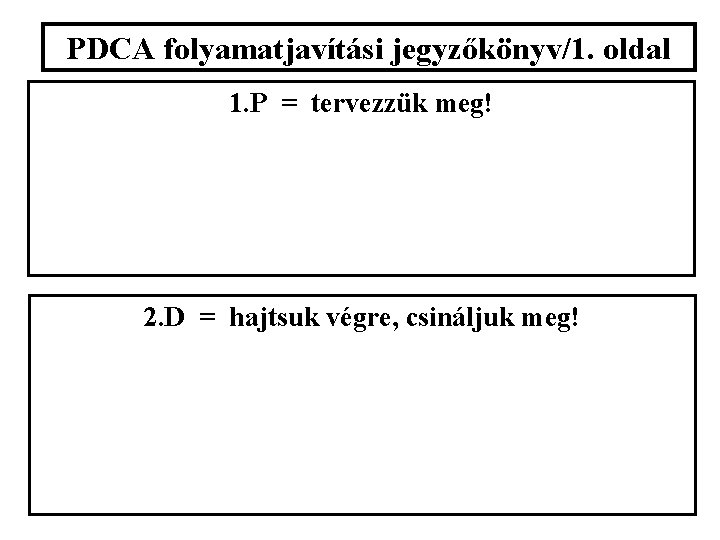 PDCA folyamatjavítási jegyzőkönyv/1. oldal 1. P = tervezzük meg! 2. D = hajtsuk végre,