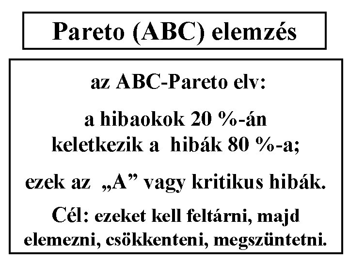 Pareto (ABC) elemzés az ABC-Pareto elv: a hibaokok 20 %-án keletkezik a hibák 80