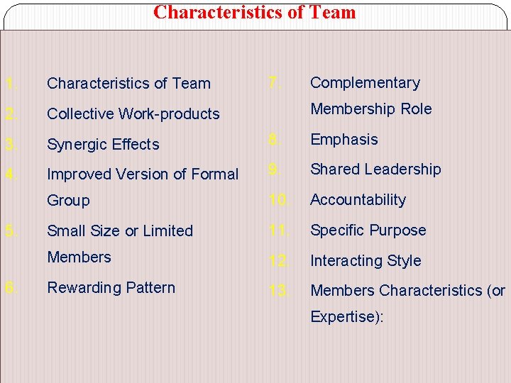Characteristics of Team 7. Complementary 1. Characteristics of Team 2. Collective Work-products 3. Synergic