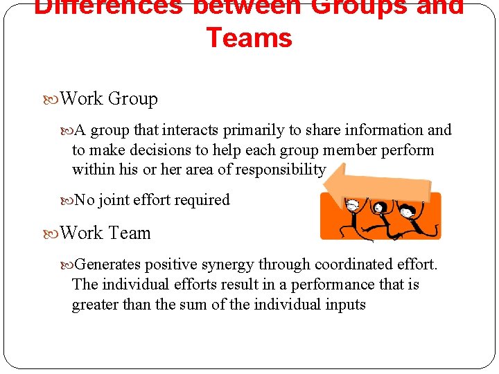 Differences between Groups and Teams Work Group A group that interacts primarily to share