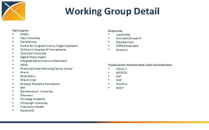 Working Group Detail Participants • OHDSI • Ajou University • Astra. Zeneca • Center