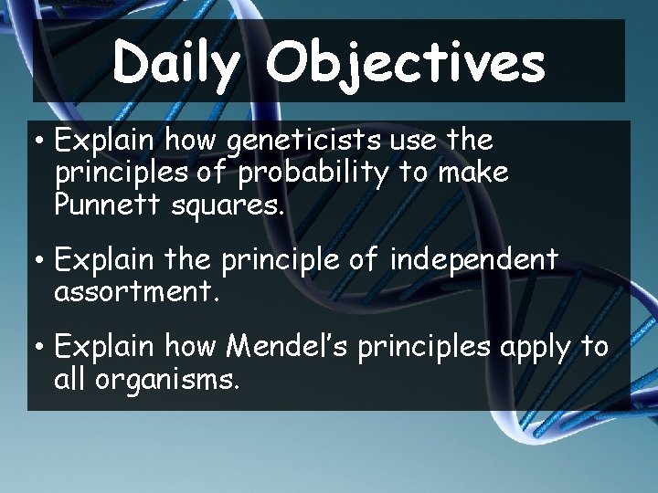 Daily Objectives • Explain how geneticists use the principles of probability to make Punnett