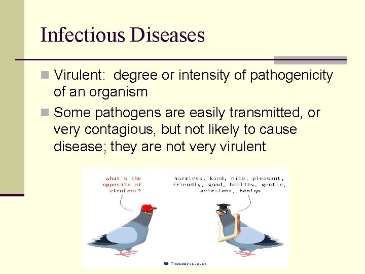 Infectious Diseases n Virulent: degree or intensity of pathogenicity of an organism n Some