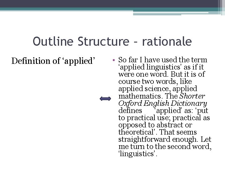 Outline Structure – rationale Definition of ‘applied’ • So far I have used the