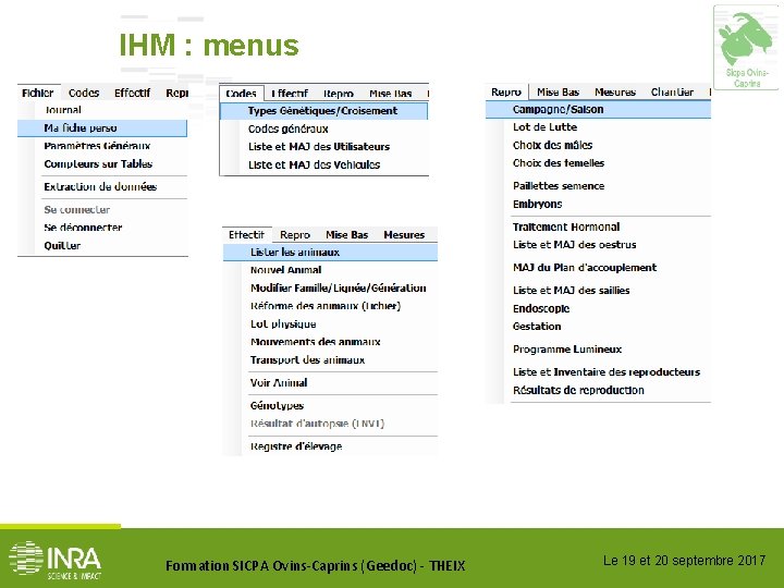 IHM : menus Formation SICPA Ovins-Caprins (Geedoc) - THEIX Le 19 et 20 septembre