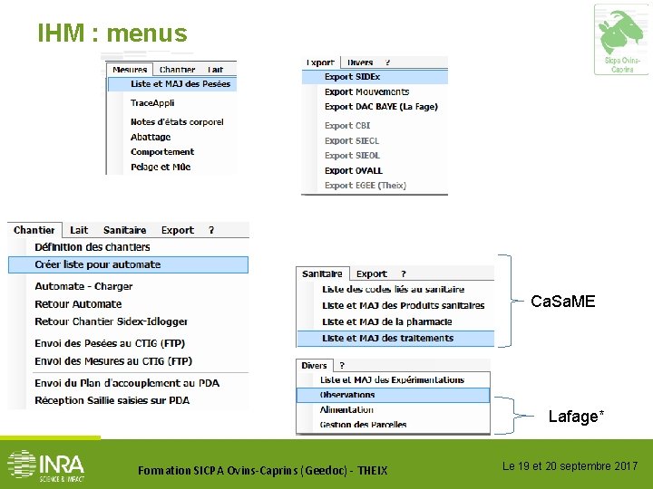 IHM : menus Ca. Sa. ME Lafage* Formation SICPA Ovins-Caprins (Geedoc) - THEIX Le