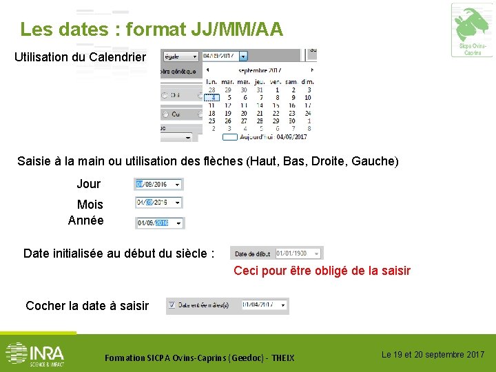 Les dates : format JJ/MM/AA Utilisation du Calendrier Saisie à la main ou utilisation