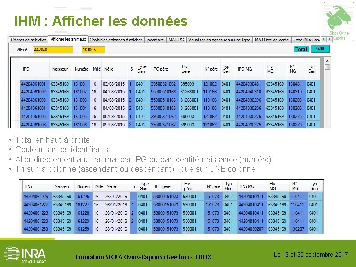 IHM : Afficher les données • • Total en haut à droite Couleur sur