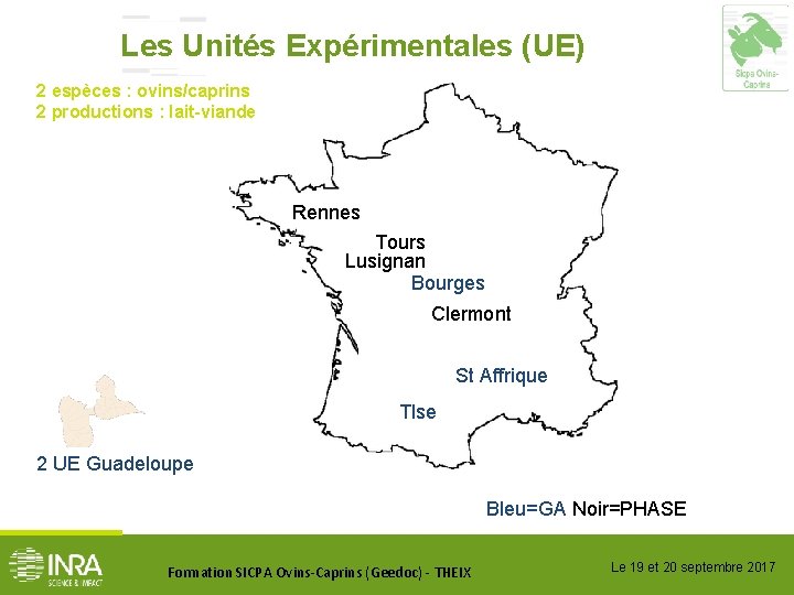 Les Unités Expérimentales (UE) 2 espèces : ovins/caprins 2 productions : lait-viande Rennes Tours