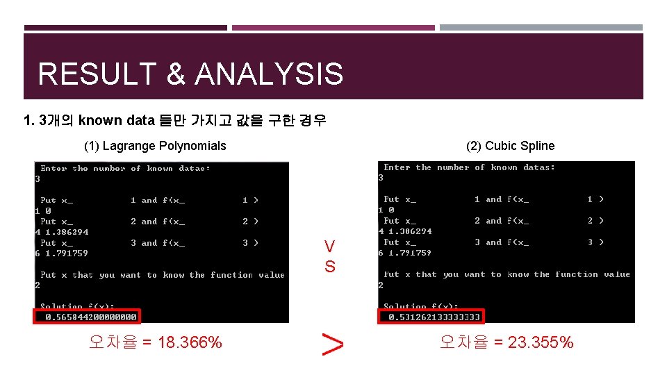 RESULT & ANALYSIS 1. 3개의 known data 들만 가지고 값을 구한 경우 (1) Lagrange