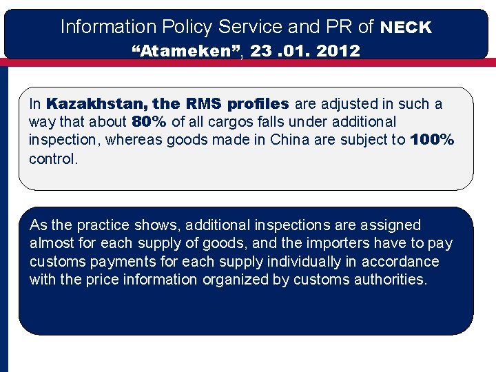 Information Policy Service and PR of NECK “Atameken”, 23. 01. 2012 In Kazakhstan, the