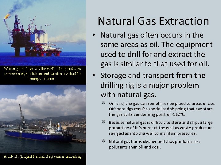 Natural Gas Extraction Waste gas is burnt at the well. This produces unnecessary pollution