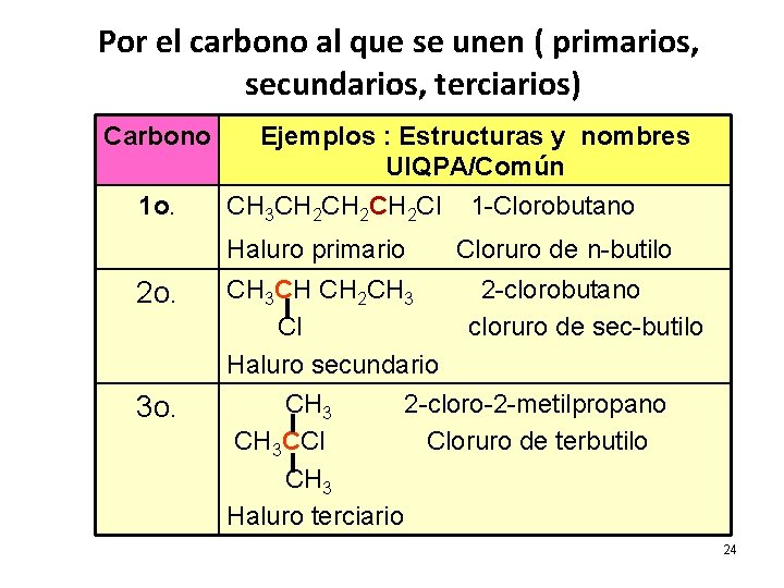 Por el carbono al que se unen ( primarios, secundarios, terciarios) Carbono 1 o. Por el carbono al que se unen ( primarios, secundarios, terciarios) Carbono 1 o.