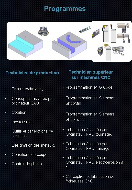 Programmes Technicien de production Technicien supérieur sur machines CNC • Dessin technique, • Programmation
