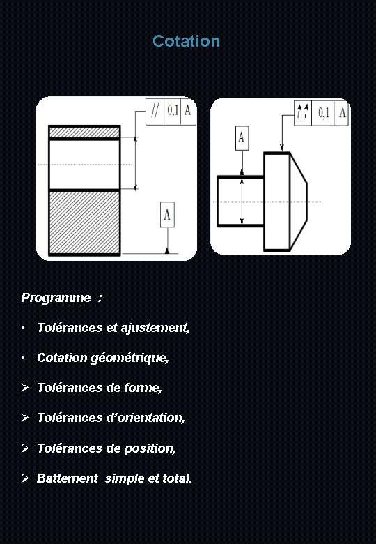 Cotation Programme : • Tolérances et ajustement, • Cotation géométrique, Ø Tolérances de forme,