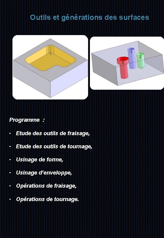 Outils et générations des surfaces Programme : • Etude des outils de fraisage, •