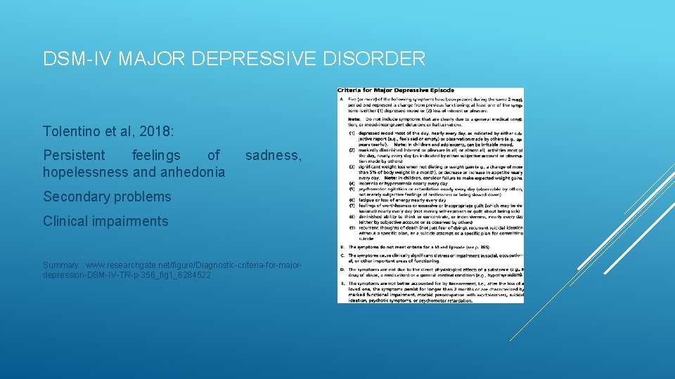 DSM-IV MAJOR DEPRESSIVE DISORDER Tolentino et al, 2018: Persistent feelings of hopelessness and anhedonia