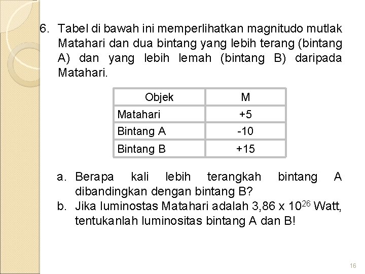 6. Tabel di bawah ini memperlihatkan magnitudo mutlak Matahari dan dua bintang yang lebih