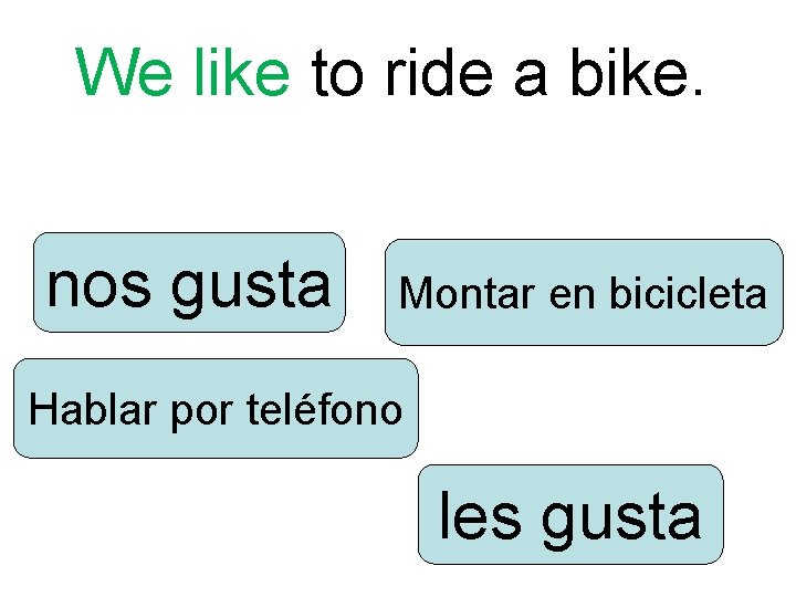 We like to ride a bike. nos gusta Montar en bicicleta Hablar por teléfono