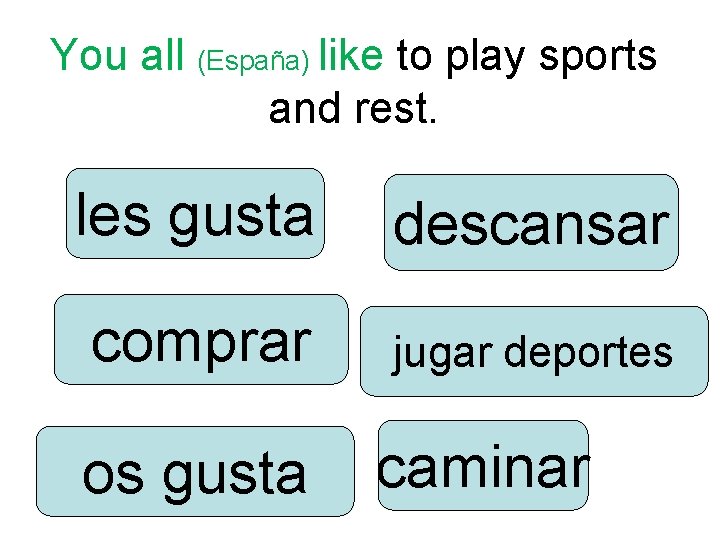 You all (España) like to play sports and rest. les gusta descansar comprar jugar