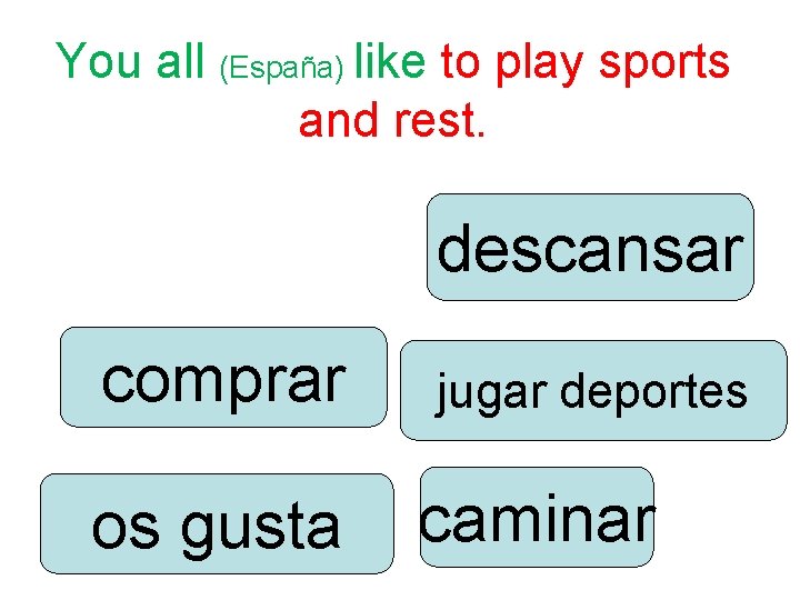 You all (España) like to play sports and rest. descansar comprar os gusta jugar