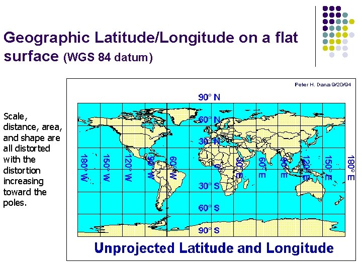 Geographic Latitude/Longitude on a flat surface (WGS 84 datum) Scale, distance, area, and shape