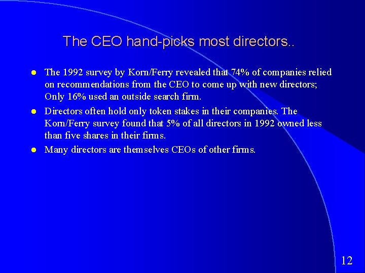 The CEO hand-picks most directors. . The 1992 survey by Korn/Ferry revealed that 74%