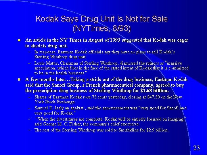 Kodak Says Drug Unit Is Not for Sale (NYTimes, 8/93) An article in the