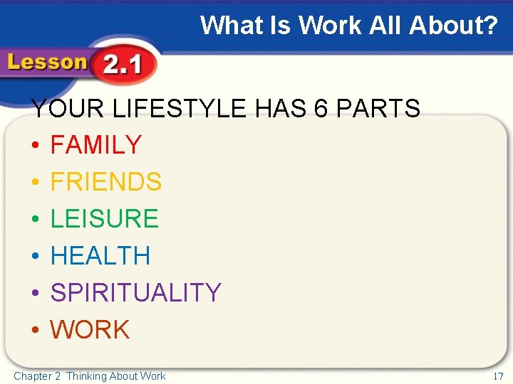 What Is Work All About? YOUR LIFESTYLE HAS 6 PARTS • FAMILY • FRIENDS